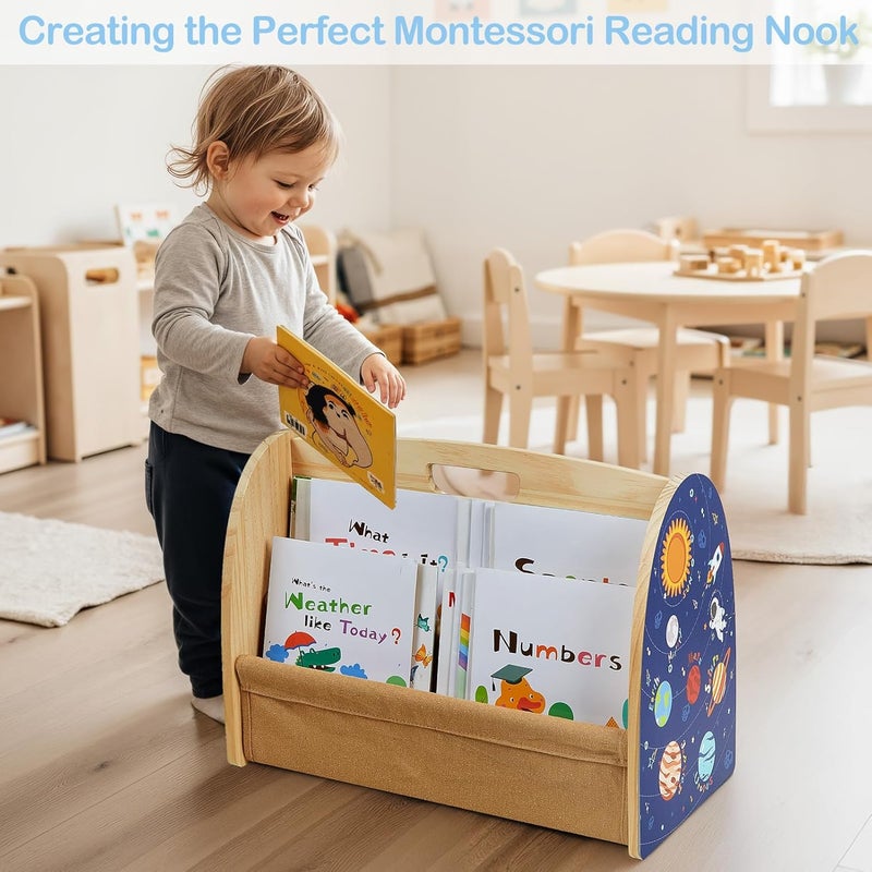 SheSeek Toddler Bookshelf Double-Sided with 4 Tier Deep Sleeves Kids Wooden Montessori Book Rack for Baby Nursery Room, Playroom, Classroom or Bedroom Bookcase Storage Organizer, Blue Astronaut - Image 5